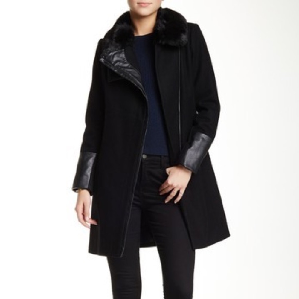 RACHEL Faux Leather Trim Wool Blend Coat | Sz. XL